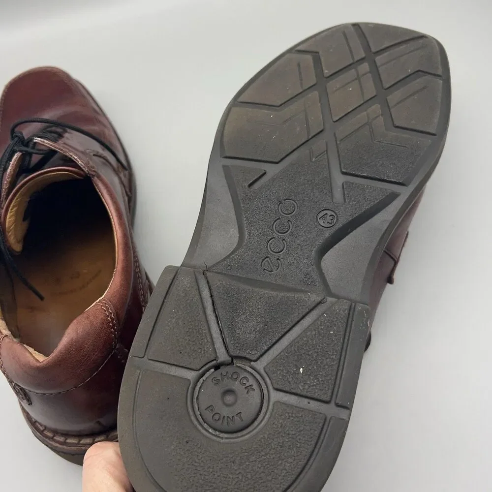 ECCO Shoes Mens Size 43 Brown Leather Apron Toe Oxford Lace Up Shock Point